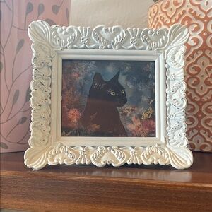 Tiny Ornate White Picture Frame with Cat Art